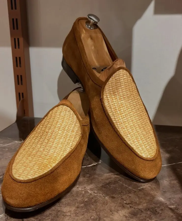 Suede and raffia loafers